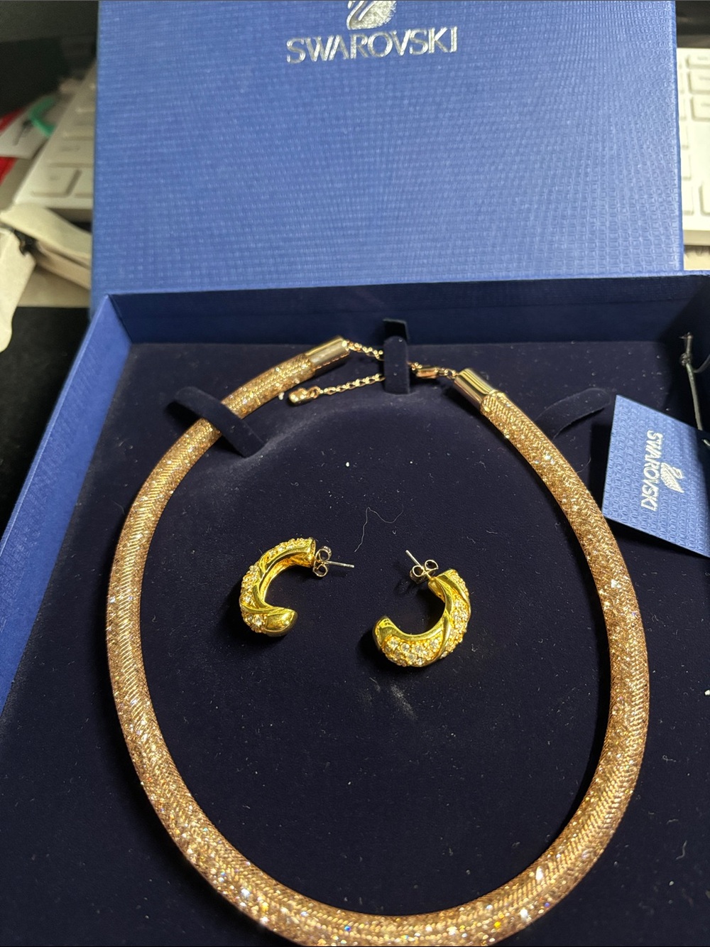 Swarovski Gold Crystal Mesh Collar Necklace with Gold Hoop Earrings
